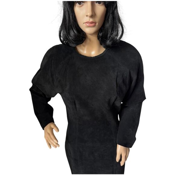 Vintage 80's Cedars Black Suede Batwing Sleeve round neck Midi Dress small - Picture 11 of 16